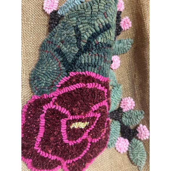 Antique Mid-Century Handmade Floral Hooked Wool Work on Burlap Tote Bag - Picture 3 of 15
